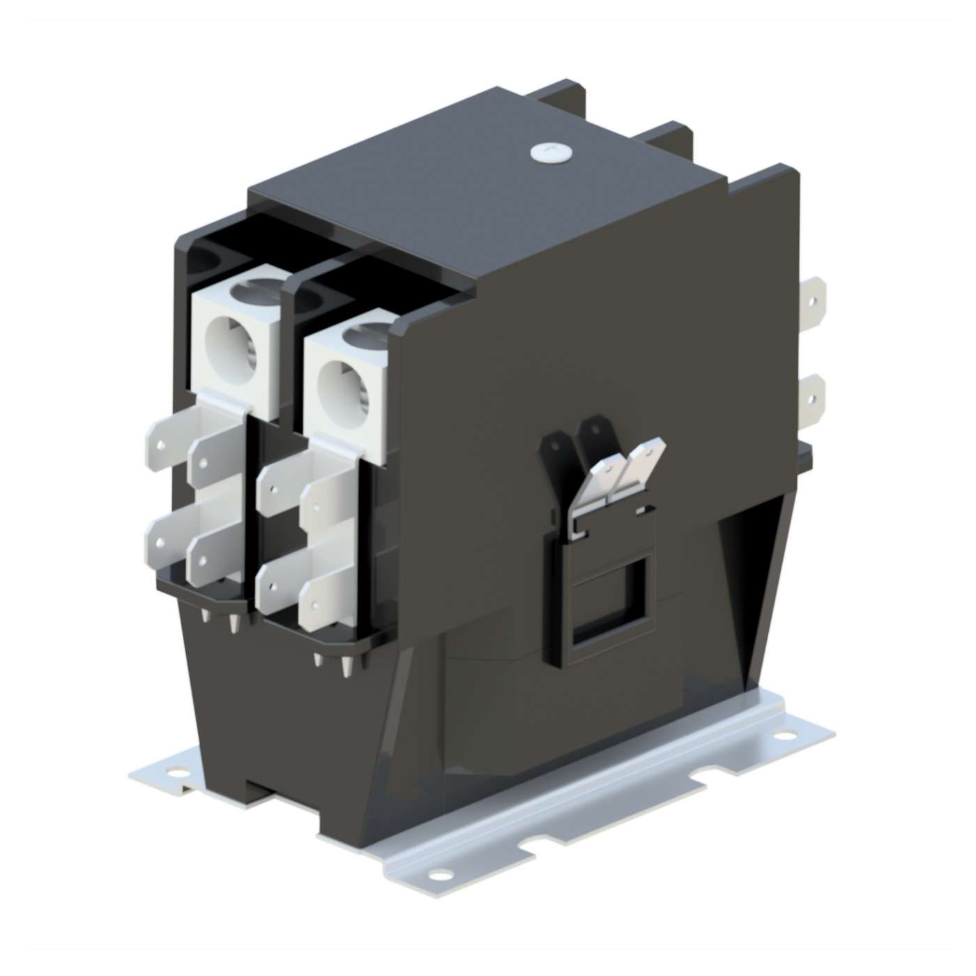 Dual-pole hvac contactor relay with silver contacts and black housing, mounted on a metal bracket.