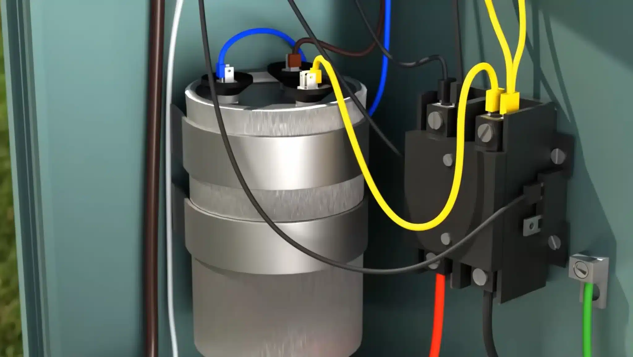 Ac condenser electrical components showing dual run capacitor and contactor with colored wiring