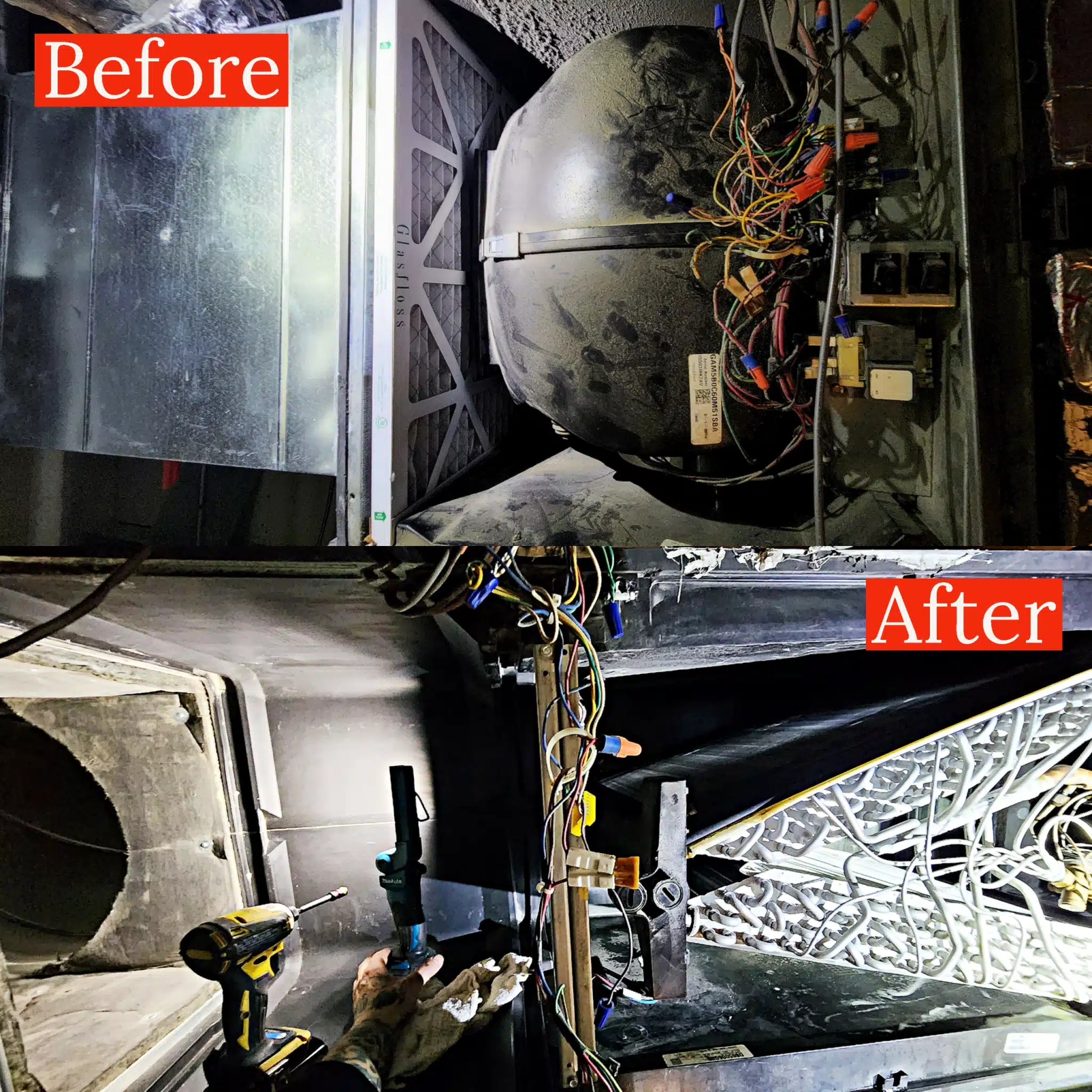 Why Is The Air From My Vents So Weak? Hvac equipment restoration - blower compartment deep cleaning before and after, showing a dusty air handler interior transformed into a clean, sanitized cabinet by a professional hvac technician in san jose