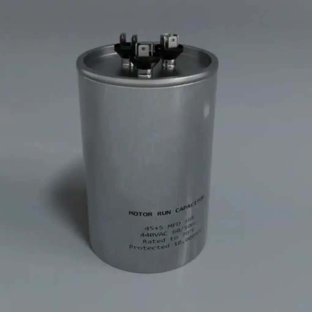 Aluminum hvac dual run capacitor with three terminals labeled 45 over 5 microfarads at 440 volts