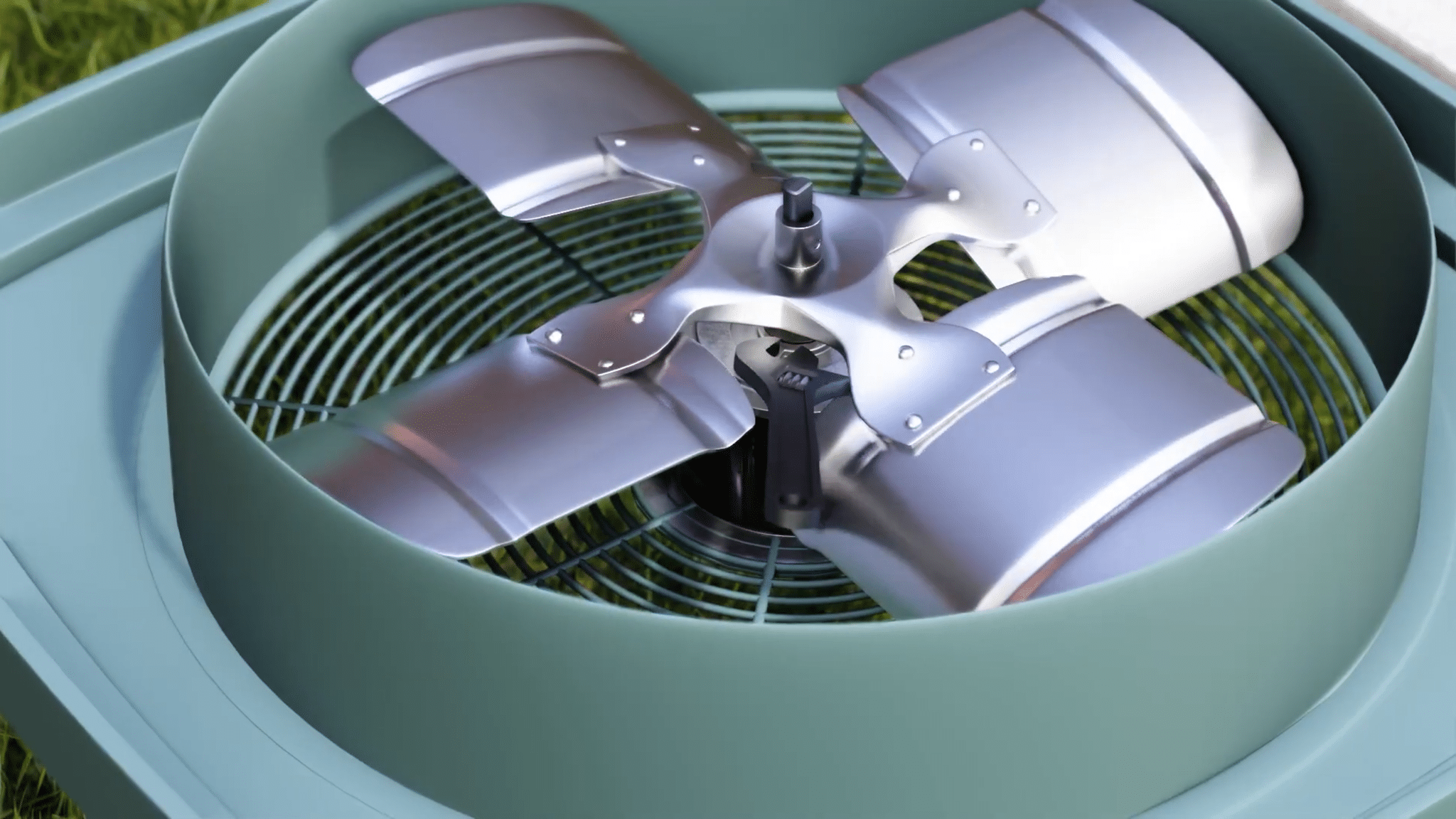 Top view of a high-efficiency hvac condenser fan blade and motor assembly