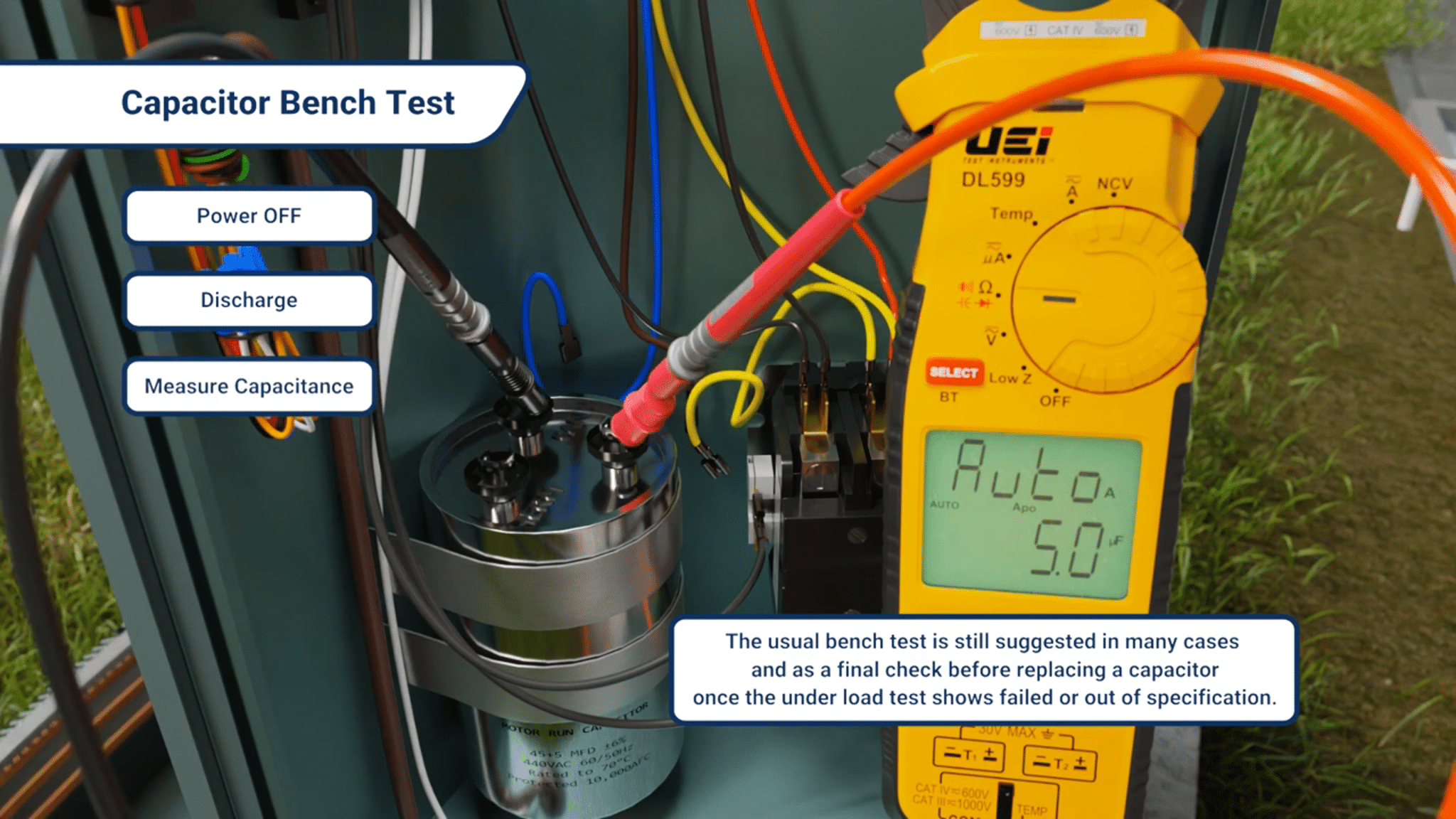 Digital multimeter measuring capacitance of a run capacitor in an hvac unit