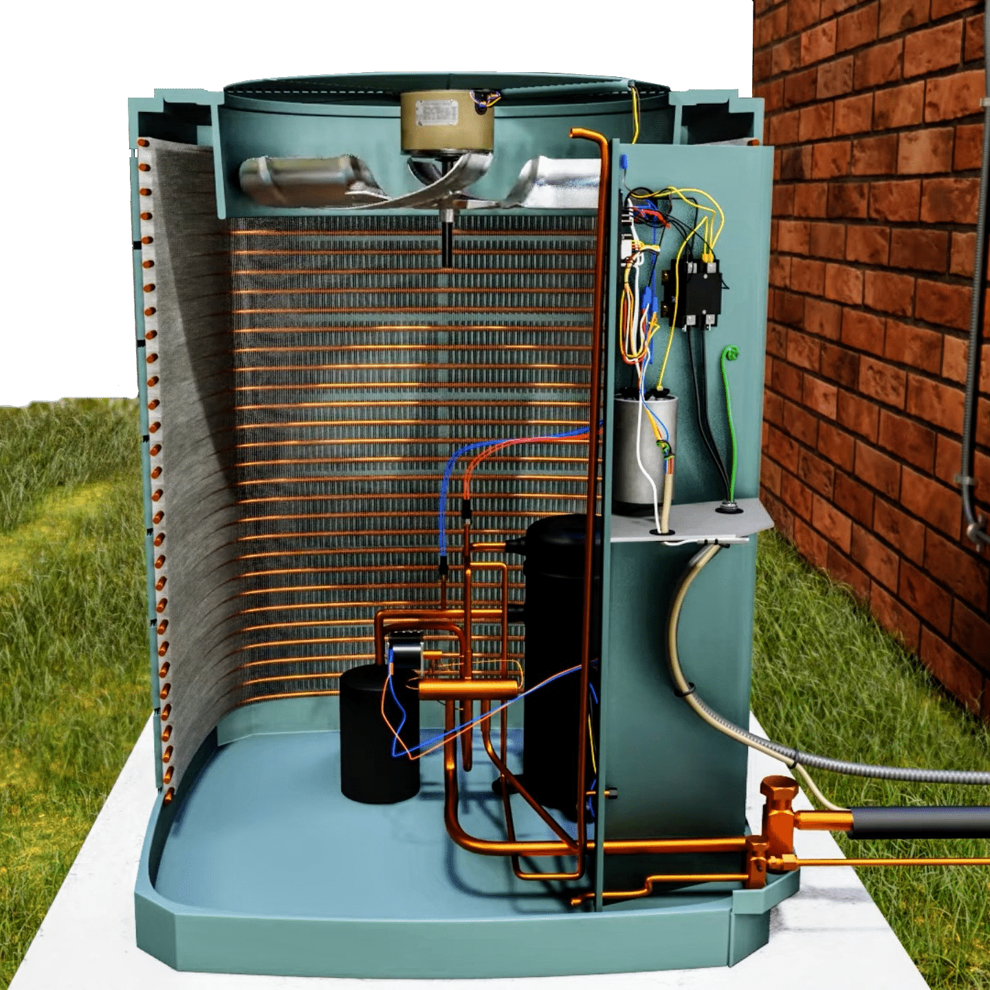Residential outdoor ac condenser unit cutaway showing compressor fan copper refrigerant lines and condenser coil