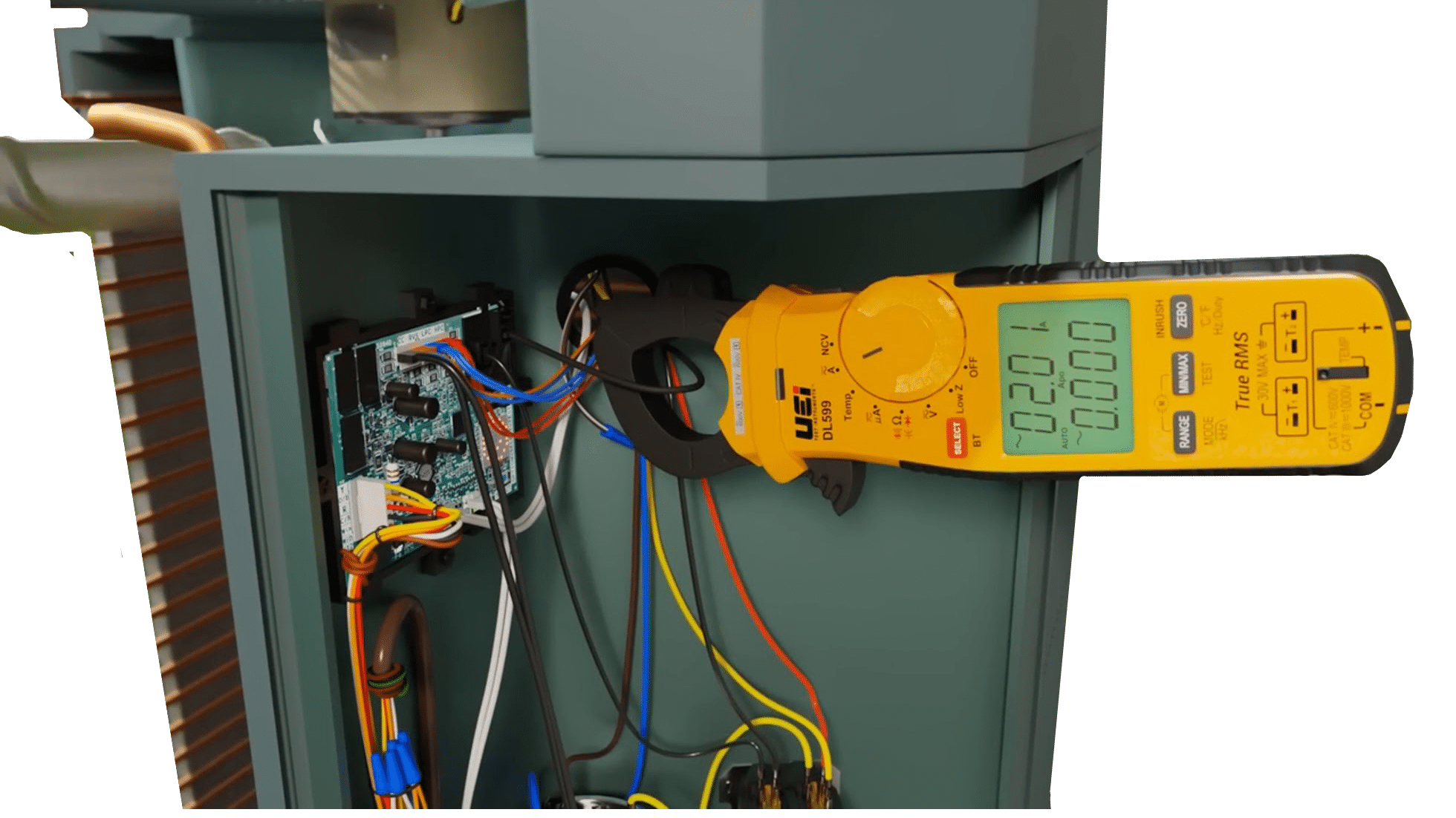 Hvac diagnostic clamp meter measuring amperage on an outdoor ac unit control board