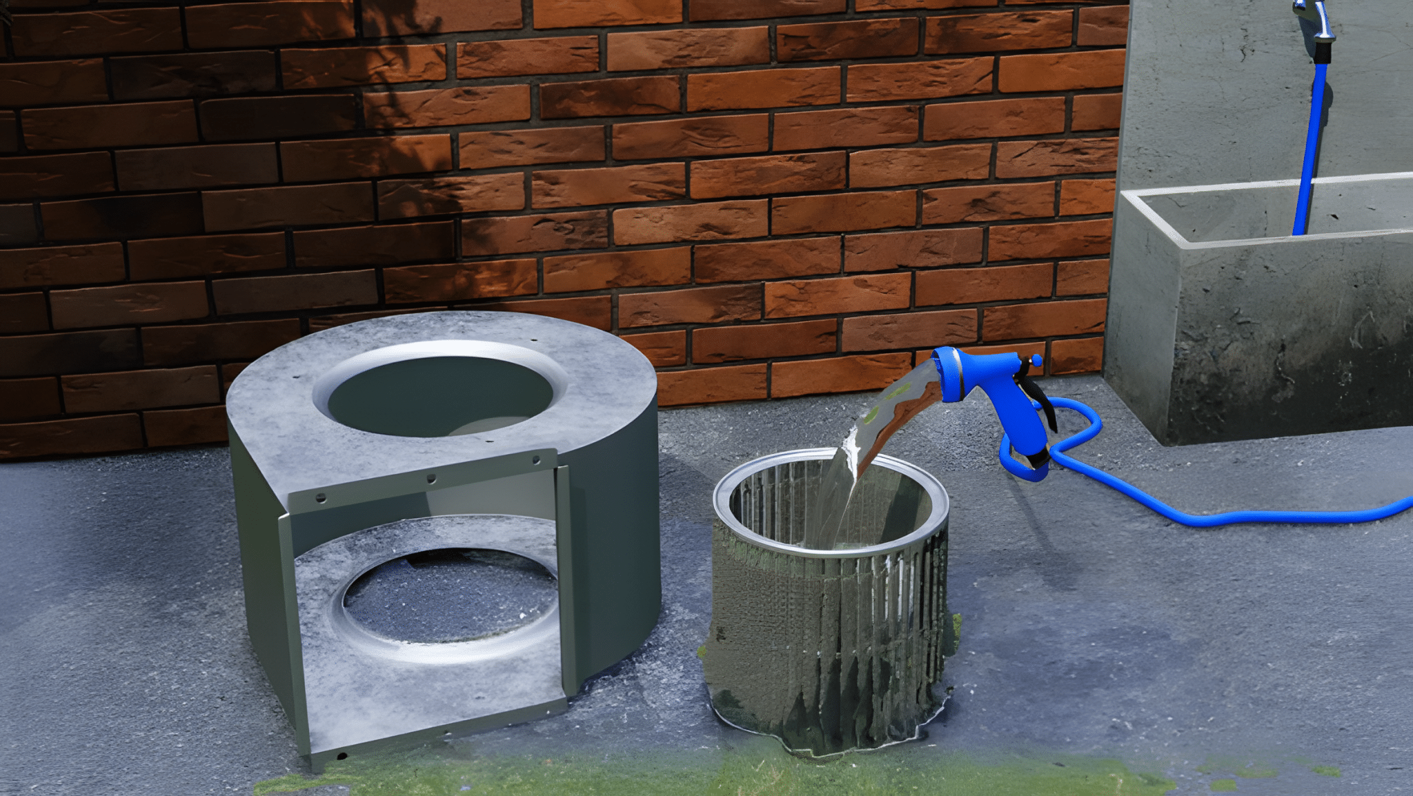 A dirty centrifugal blower wheel being cleaned with a garden hose outdoors.